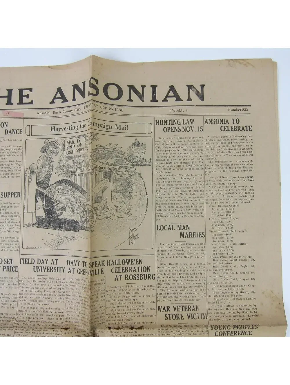 The Ansonian Newspaper Ansonia Darke County Ohio Thursday Oct 1928 Antique RARE